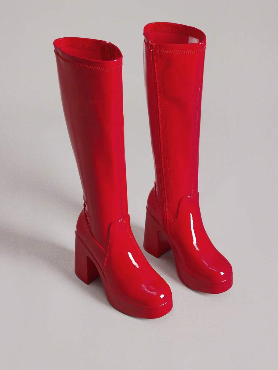 Women's Platform Chunky Heel Knee-High Boots Square Toe Fashionable Solid Color Y2K GoGo Boots - Đỏ - Xem 1