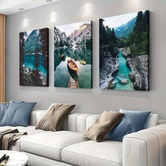 3pcs Unframed Lake Mountains Landscape Print, Boats On A Turquoise Lake Forest Print Art Painting, Creative Canvas Poster, Waterproof Canvas Wall Art, Artwork Wall Painting For Gift, Bedroom, Living Room Decor, Home And Dormitory Decoration