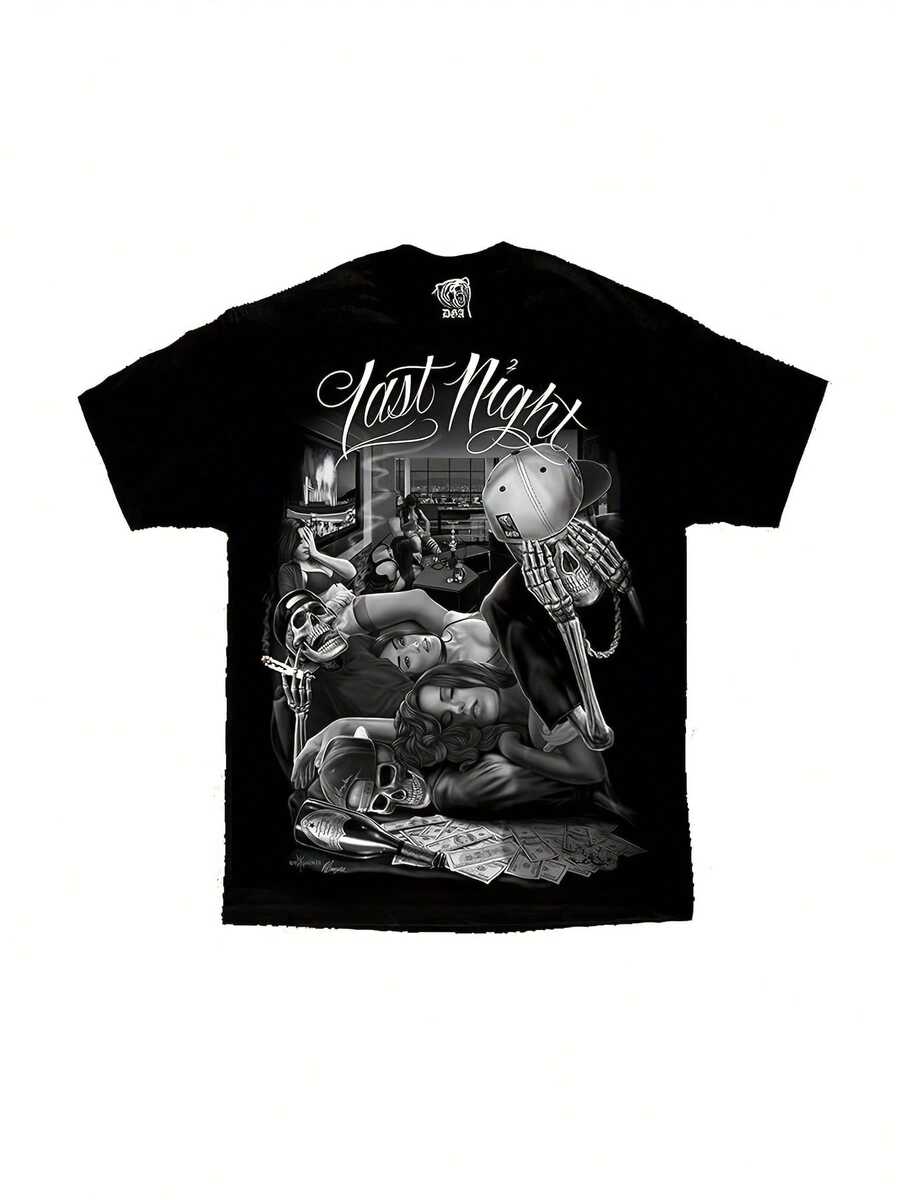 Graphic T-Shirt For Last Night Party - Cotton Shirt With Vintage Chicano Art For Men, Round Neck And Short Sleeve, White And Black Illustration Design, Comfortable Casual Clothing - 黑色 - 查看 1