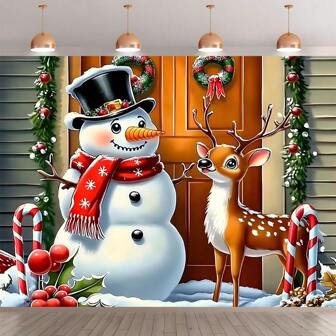 1pc 2D Charming Snowman & Deer Christmas Backdrop Banner, Polyester Wall Decor, No Electricity Needed, Suitable For Various Occasions, Ideal For Outdoor & Indoor Events, Suitable For Weddings, Birthdays, Graduations And More