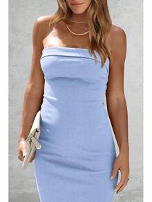 Women's Summer Bodycon Maxi Tube Dress Ribbed Strapless Side Slit Long Going Out Casual Elegant Party DressesHalloween Christmas New Year - 淺藍色 - 查看 3