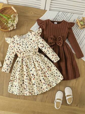 两件装女童时尚连衣裙，荷叶袖蝴蝶结装饰，纯色麦穗图案和豹纹印花，可爱休闲户外连衣裙，礼物