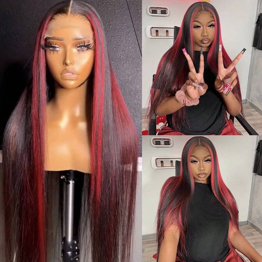 13X4 Purple Hair Synthetic Lace Front Wigs 26 Inch Pre Plucked Long Straight Hair Wigs 13X4 HD Lace Wigs Glueless Dark Purple Colored Wigs Heat Resistant Halloween Wigs Deep Purple Long Silky Straight Lace Front Wigs For Fashion Women For Daily Christmas Party Cosplay Use - 挑染紅色 - 查看 1