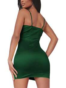 LYANER Women's Satin Silk Spaghetti Strap Slit Bodycon Sleeveless Mini Dress Prom Dress - 綠松石 - 查看 8