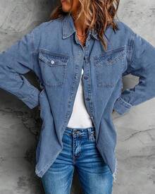 Vetinee Women's Oversized Button Up Frayed Hem Shacket Long Sleeve Pockets Denim Jean Jacket - Medium Blue - 查看 5