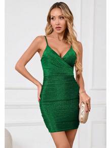 Women's Glitter Party Dresses Sexy V Neck Spaghetti Strap Faux Wrap Ruched Bodycon Sparkly Night Club Mini Dress Halloween Christmas New Year