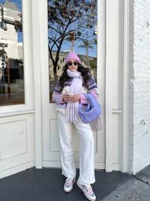 森雅秋冬新款女装休闲时尚撞色条纹圆领长袖针织衫宽松休闲简约百搭日常办公通勤落肩套头衫毕业返校约会套头衫 - 紫色 - 查看 3