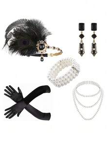 5pcs 1920s Flapper Gatsby Costume Accessories Set 20s Artificial Flapper Feather Headband Vintage Pearl Necklace Gloves Rhinestone Earrings Party Headpiece For Women Prom Halloween - Hairband Set - View 17