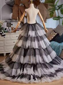 优雅黑白分层蛋糕裙可拆卸系带腰婚纱，百搭长裙秋装女士 - 黑色 - 查看 5