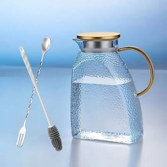 1 Set Of Glass Cold Water Kettle (1 Kettle+1 Silicone Brush+1 Long Spoon), Can Be Placed On The Refrigerator Door, Heat-Resistant High Borosilicate Glass, Used For Large Iced Tea Cans For Coffee, Juice, And Beverages, Suitable For Home And Parties