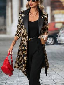 Women's Fashionable Geometric Pattern Long Blazer Jacket With Black Base And Gold Accents, Suitable For Spring And Autumn - Multicolor - View 2