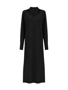 Elegant Women's Long Sleeve V-Neck Knit Belted Waist A-Line Dress, Casual Bohemian Vintage Style - 黑色 - 查看 4