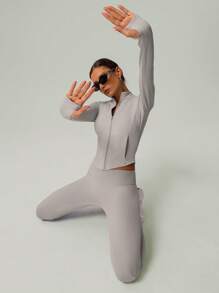 GOSOUER 2 PCS Co Ord Set Women's Classic Light Fleece Warm Outdoor Sports Jacket With Butt Lifting Yoga Legging For Winter Autumn - Grey - View 6