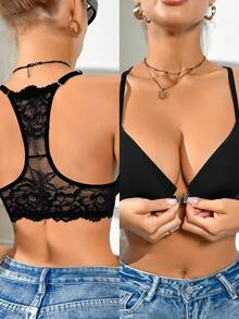 1pc Front-Closure Lace & Floral Print Design Backless Bralette, Sexy Outerwear Bra For Women