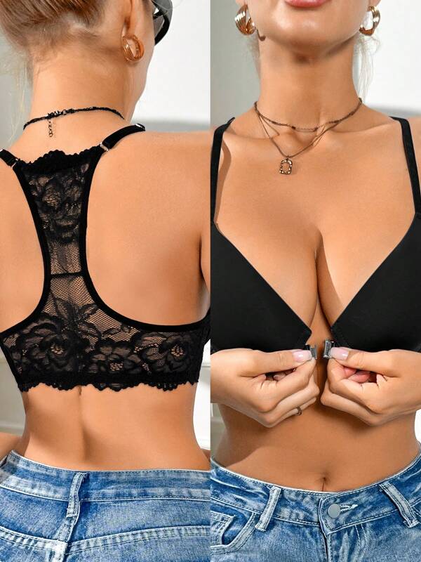 1pc Front-Closure Lace & Floral Print Design Backless Bralette, Sexy Outerwear Bra For Women