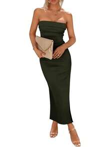 Women's Summer Bodycon Maxi Tube Dress Ribbed Strapless Side Slit Long Going Out Casual Elegant Party DressesHalloween Christmas New Year - 軍綠色 - 查看 1