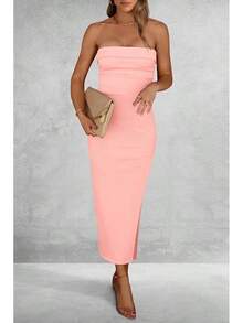 Women's Summer Bodycon Maxi Tube Dress Ribbed Strapless Side Slit Long Going Out Casual Elegant Party DressesHalloween Christmas New Year - 粉色 - 查看 8