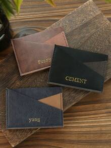 1pc Personalized Ultra-Thin Minimalist Card Holder, Customized Gold Letter Pattern Faux Leather Credit Card Wallet, Vintage Asymmetric Card Holder, Unisex, 2 Card Slots, Retro Card Wallet, Color Block Design, Front Pocket Wallet, Best Handmade Gift - Multicolor - View 6