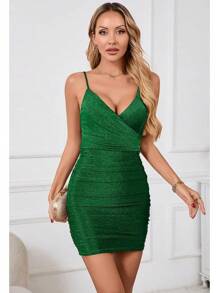Women's Glitter Party Dresses Sexy V Neck Spaghetti Strap Faux Wrap Ruched Bodycon Sparkly Night Club Mini Dress Halloween Christmas New Year