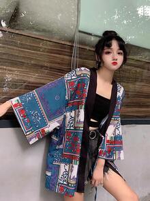 Chinese Style Retro Niche Floral Print Kimono Cover Up, Summer Beach Resort One-Piece Robe Cover-Up Lightweight Jacket - Blue - View 5