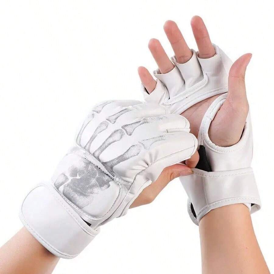 1 Pair Of Premium MMA Boxing Gloves For Adults - Half Finger, Durable PU Material, Adjustable Wrist And Secure Fit - Great For Training And Punching Bags - Perfect Christmas Gift, Available In White/Red/Black, Boxing Training Gear | Half Finger Gloves | PU Leather Gloves - trắng - Xem 1