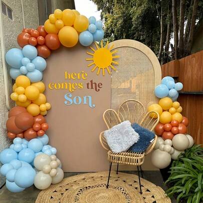 117pcs Balloon Garland Kit - Glossy Blue, Yellow, White And Retro Orange Latex Balloons, Suitable For Boys, Girls, Kids, Infants, Baby Shower, Gender Reveal, Wedding, Birthday, Room, Party Decorations