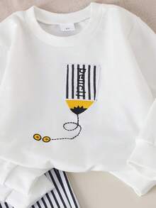 2pcs/Set Boys Casual Round Neck Sweatshirt With Embroidered Design And Elastic Waist Striped Jogger Pants, Suitable For Spring/Autumn Outdoor Wear - White - View 9