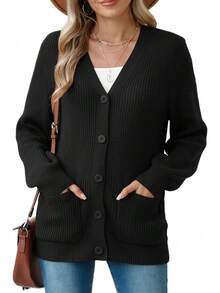 Women Chunky Knit Cardigan Sweater Long Sleeve Button Up Cardigan With Pocket Sweater Coat Fall And Winter, Fashionable Knitwear SLK8 - Màu xanh lam - Xem 6