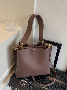 新款时尚小众时尚休闲百搭水桶包，复古经典高品质宽肩带女士单肩包，斜挎包适合工作、约会、购物、日常使用 - 咖啡 - 查看 7