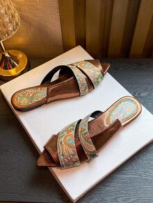 女士复古平底凉鞋，尖头，撞色设计，户外休闲度假凉鞋，春夏穿搭 - 棕色 - 查看 2