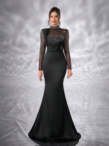 YISIKADO فستان نسائي فاخر بأكمام طويلة وياقة مرتفعة من الشبكة والأقمشة الساتان المخملي مع تفاصيل من الراين لحفلات التخرج والحفلات الرسمية وحفلات الزفاف