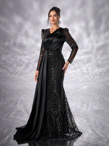 YISIKADO Women Mesh Contrast Pleated Satin Luxury Sequin Evening Dress Formal Dress V Neck Long Sleeve Elegant Wedding Guest Dress, For Graduation, Banquet Dinner Ceremony Celebration Ceremonial Dress - 黑色 - 查看 5