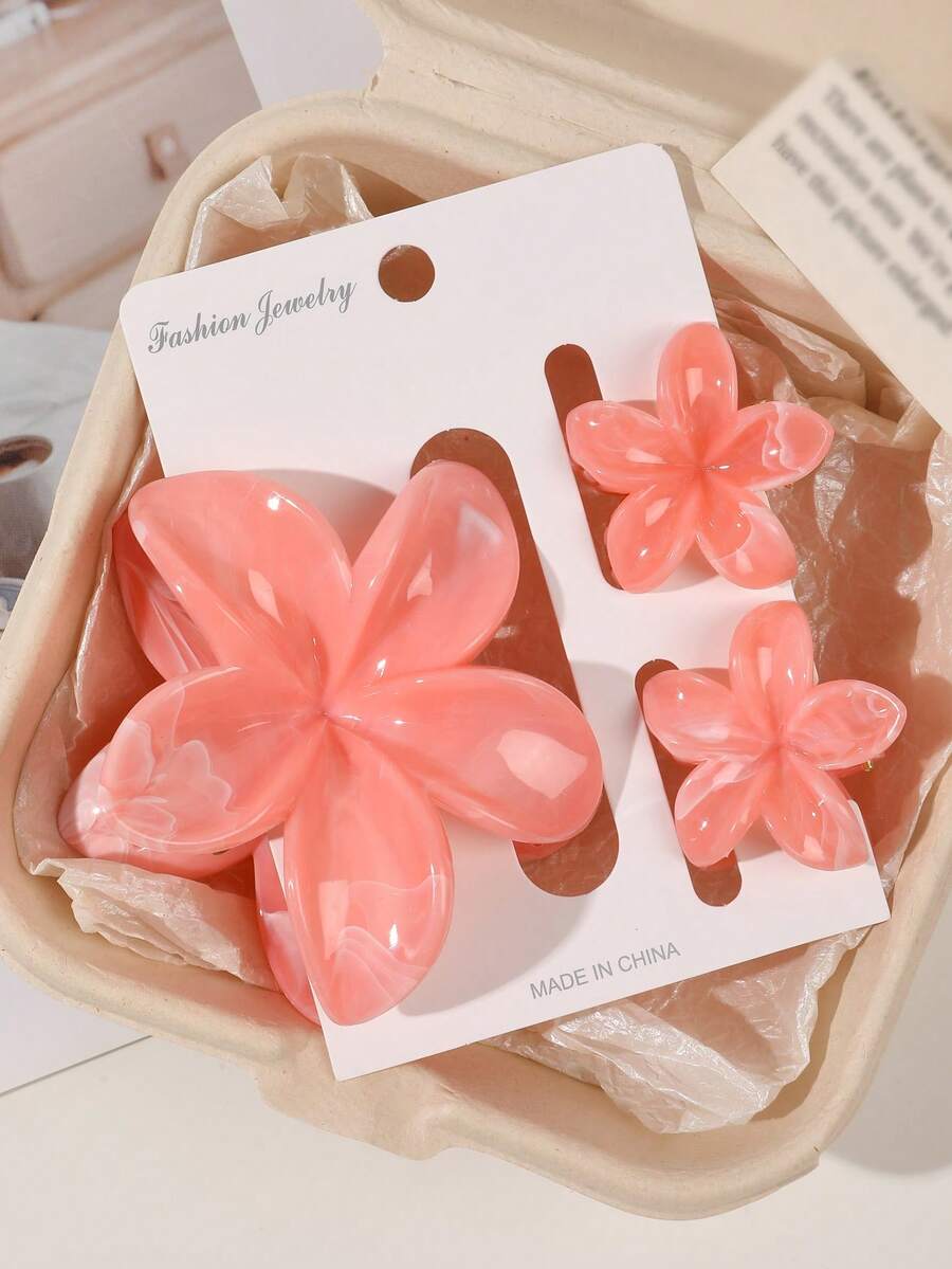 3 件套发夹组合，渐变大理石图案，雏菊花设计，适合海滩度假，春夏季发饰时尚爪夹女士发夹休闲发夹花夹头发秋季配饰秋冬