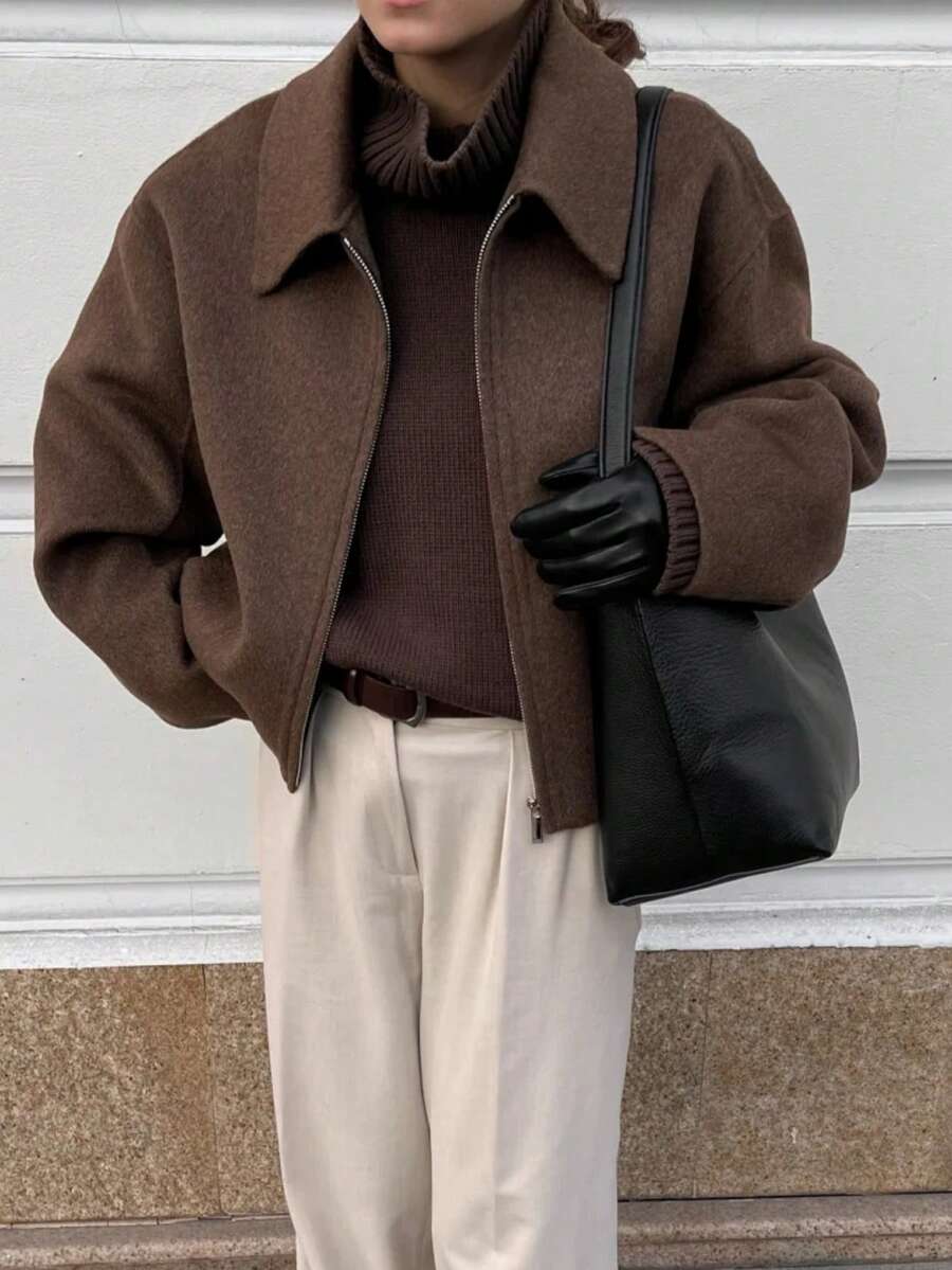 Camellia New Autumn/Winter Women's American Minimalist Street Fashion Zip Decor Lapel Jacket Spring - Coffee Brown - View 1