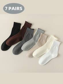 1/6/7 Pairs Cute Lace Trim Women Socks, Soft Comfortable Loose Top Fall Socks For Casual Wear And Daily Home Use,Red Socks - Multicolor - View 7