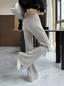 2026 女士春季针织糯米裤，灰色抽绳喇叭裤，羊毛混纺，宽松版型，修身显瘦