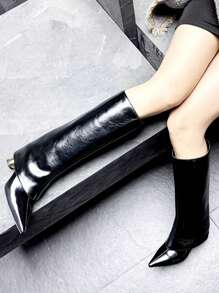 卡其色阔腿裤女筒靴，2025年新款夏季尖头直筒高筒靴，西部牛仔靴，黑色靴子 - 黑色 - 查看 3