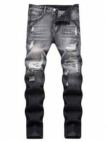 Teenage Boy Colorblock Distressed Casual Jeans - Grey - View 1