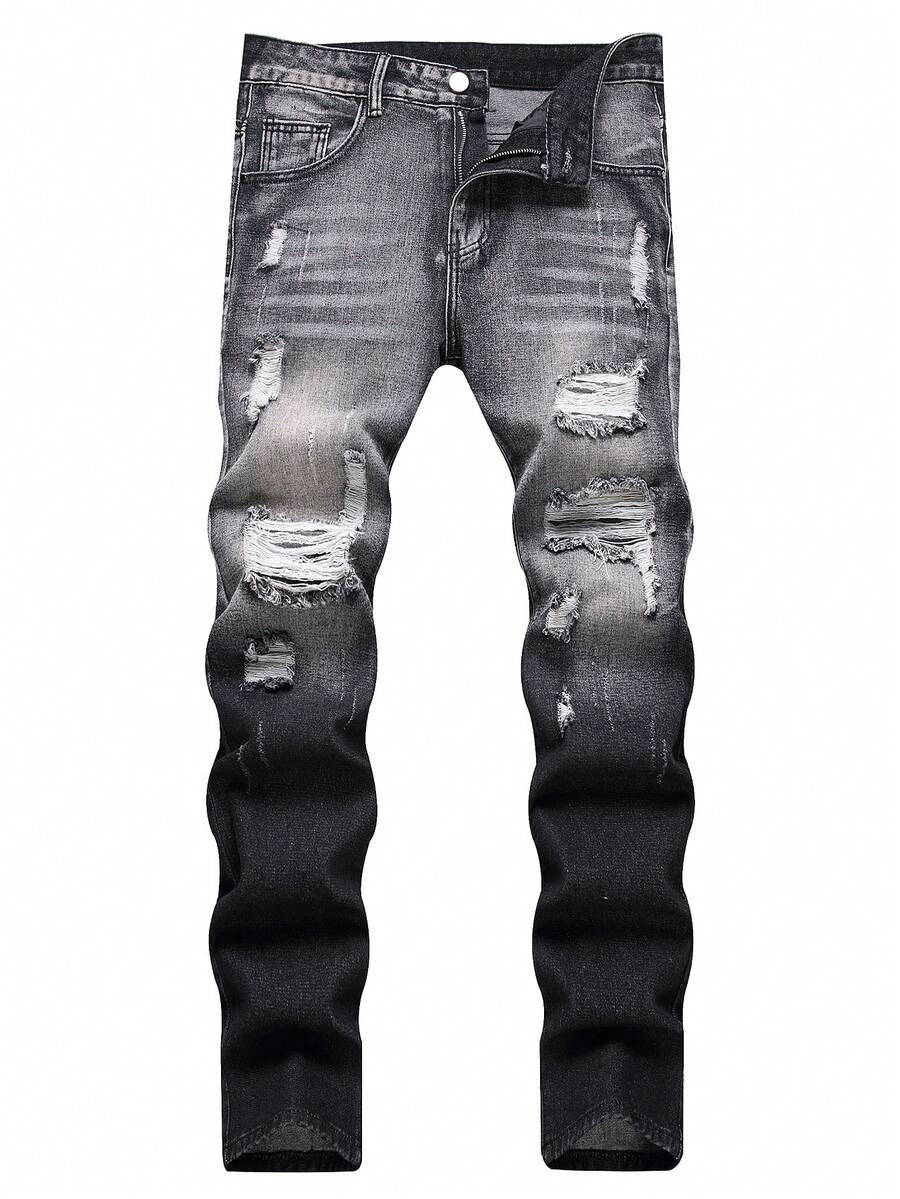 Teenage Boy Colorblock Distressed Casual Jeans - Grey - View 1