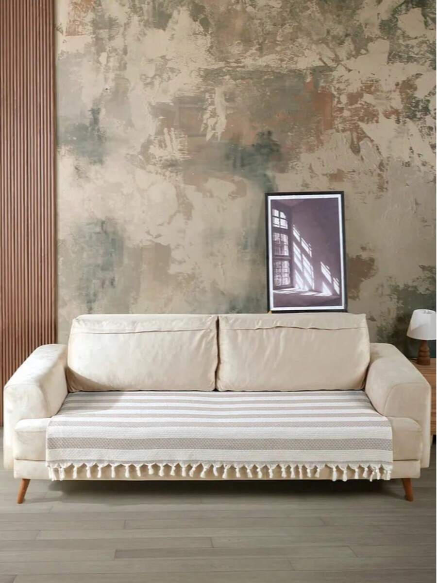 Made In Turkey - Summer Sofa Cover 115x200 Cm – Beige Striped %100 Turkish Cotton Throw For Seating Area Protection - Beige - View 1