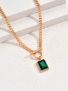 1 件时尚复古祖母绿矩形宝石吊坠项链，百搭金链，简约龙虾扣锁骨链，适合日常、工作、约会和派对佩戴