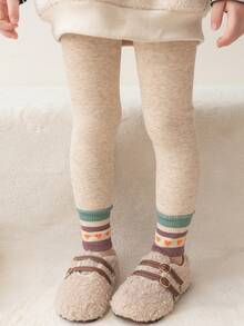 女童纯色打底裤，保暖紧身裤，学院风，加厚保暖内衬七分裤，适合秋冬季穿着 - 杏色 - 查看 2