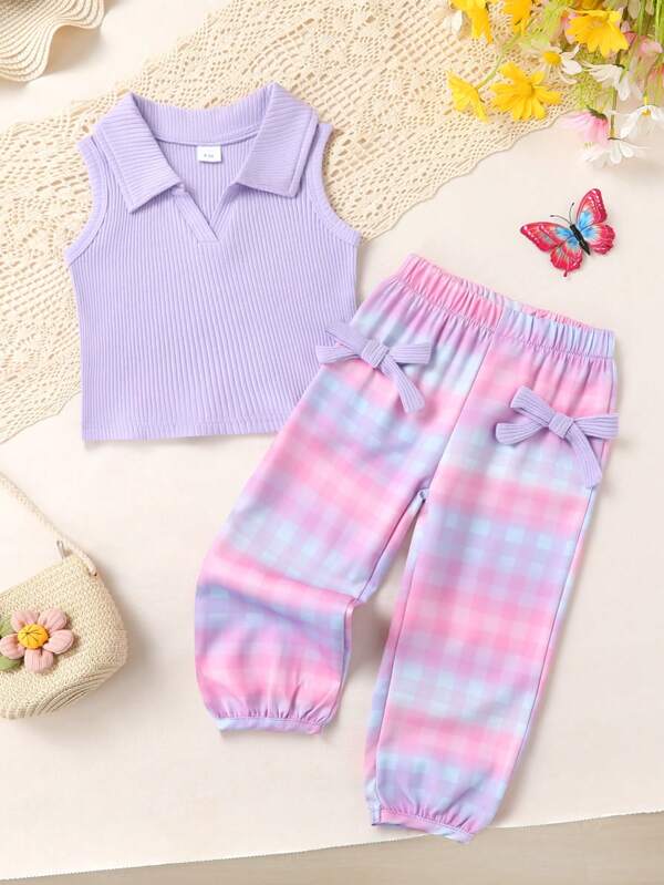 2pcs/Set Elegant Sweet Cute Girls Vest Set, Soft, Breathable, Comfortable Solid Knit Collar Vest And Butterfly Decor Ombre Plaid Long Pants, Suitable For Casual, Daily, Vacation