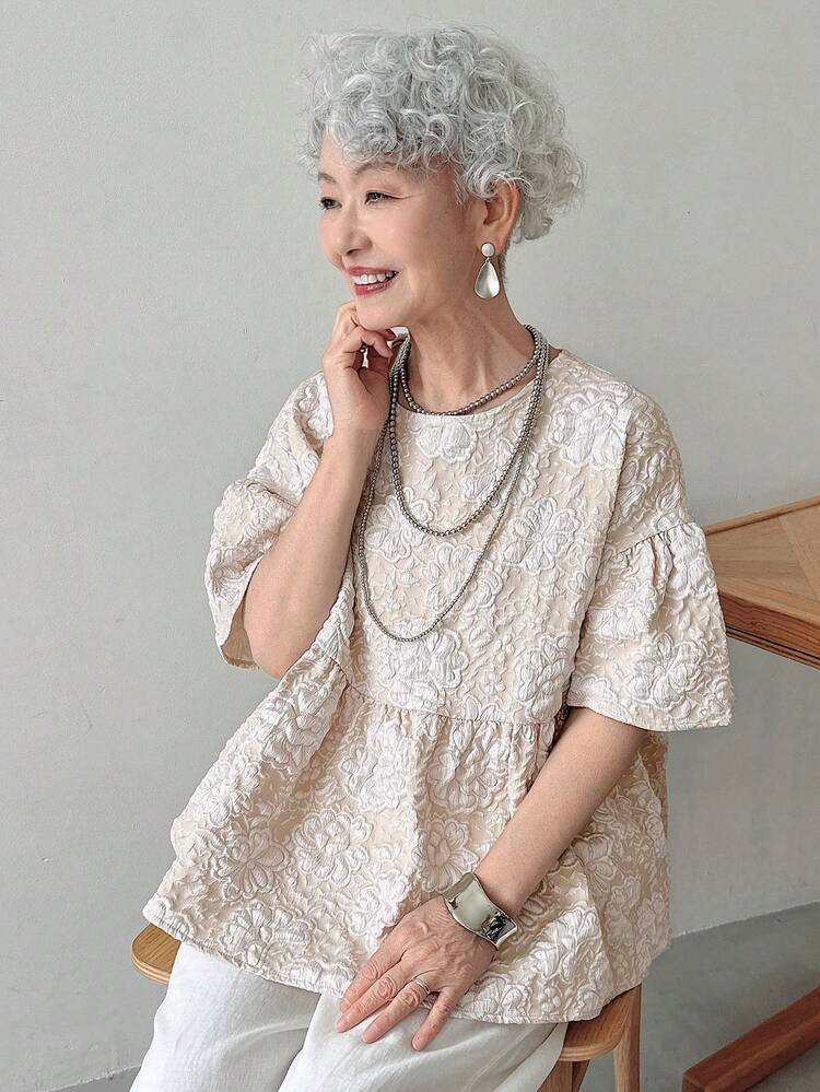 FRIFUL Blusa de mujer con mangas abullonadas texturizadas, top de estilo babydoll para ropa de verano - Albaricoque - Ver 3