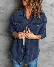 Vetinee Women's Oversized Button Up Frayed Hem Shacket Long Sleeve Pockets Denim Jean Jacket - Dark Blue - 查看 6