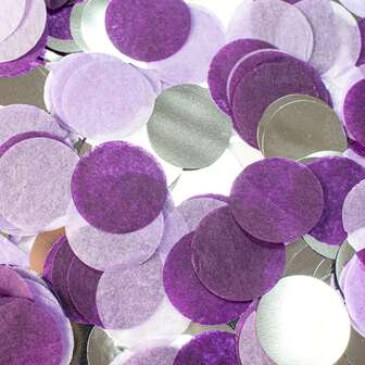 圆形薄纸五彩纸屑，紫色和银色主题，彩色五彩纸屑气球充满圆形碎片，用于派对装饰，高光泽银色与浓郁紫色营造出迷人的节日氛围，紫色色调与银色点缀的融合