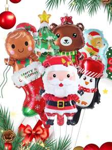 7pcs/Set Mini Santa Claus, Christmas Tree, Reindeer, Penguin, Gingerbread Man, Christmas Stocking, Christmas Bear Party Decoration Balloons, Christmas Party Decor, Surprise Gift For Son And Daughter - Multicolor - View 1