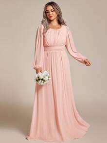 EVERPRETTY Plus Size Elegant Romantic A-Line Long Sleeve Pink Bridesmaid Dress, Formal Party Dress For Autumn Wedding Guest Spring - Baby Pink - View 5