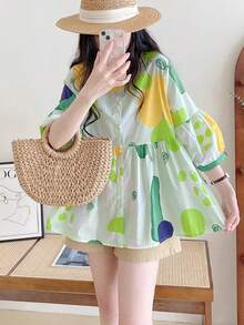 YUXIN 夏季必备！女士清新水果印花灯笼袖宽松上衣。单排扣设计增添细节感。褶皱泡泡袖款式超级可爱。适合日常出行和度假野餐。透气面料让您整个夏天都保持凉爽！