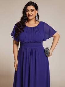 EVERPRETTY Robe de demoiselle d'honneur en mousseline élégante à encolure ronde, manches courtes, ourlet asymétrique, taille haute, grande taille, pour soirée - bleu indigo - Voir 6